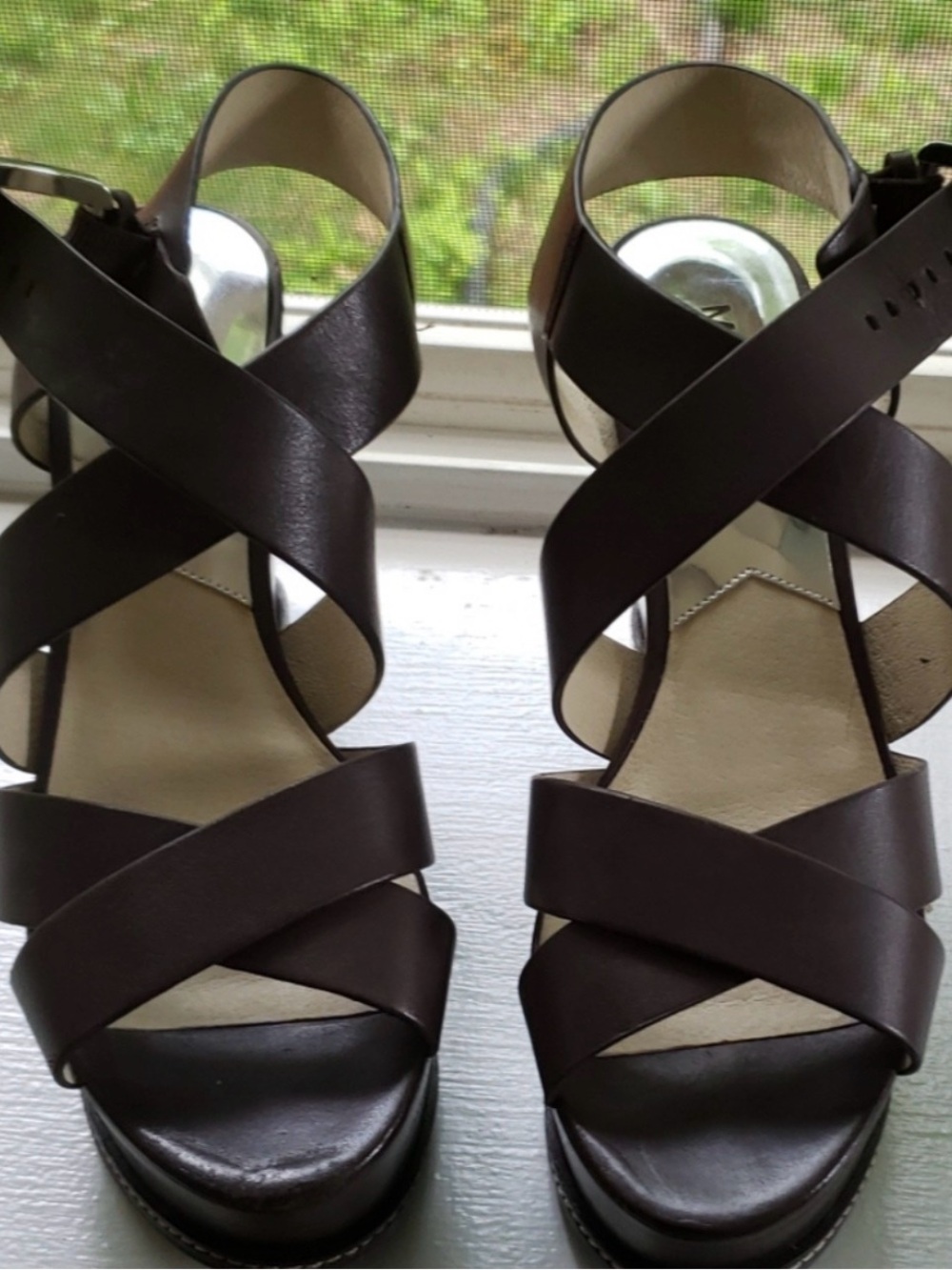 Michael Kors Dark Brown chocolate Leather Crisscross Wedge heels Sandals Celia 6 - Picture 3 of 3
